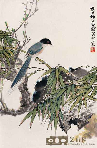 田镛 戊午（1978）年作 竹鸟 镜心 70×46cm